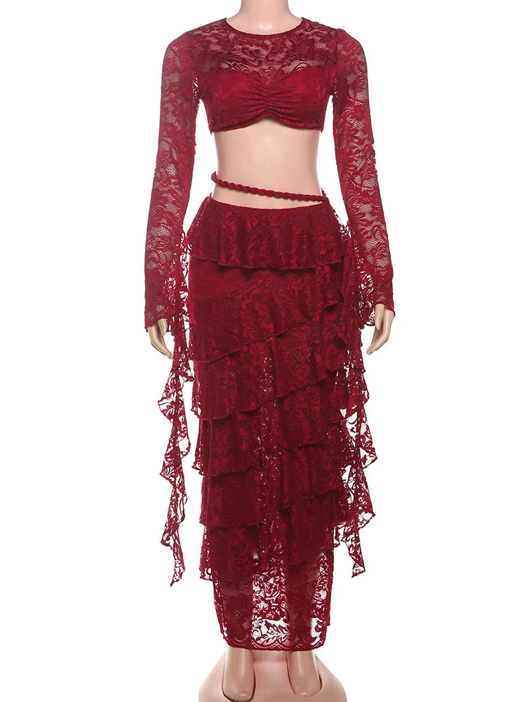 Sexy Jacquard 2 Piece Set Women Patchwork Crop Tops+Tierred Plait High Waist Skirts Matching Midnight Prom Party Clubwear