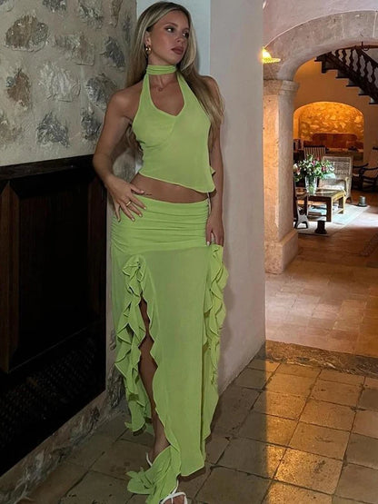 Sexy Fashion 2 Piece Set Women Halter Low-Neck Backless Tank Tops+Ruffles Tassel Splits Hem Skirts Wild Style Outfits
