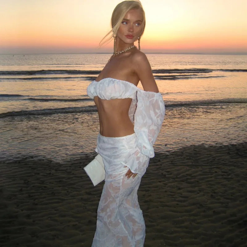 White Sheer 2 Piece Set Off Shoulder Long Sleeve Crop Top and Maxi Skirt Coords Sets Woman Vacation Outfits