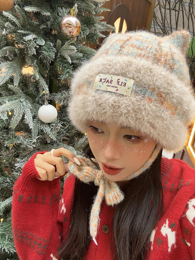 Cute Sweet Cat Ear Pom Pom Plush Warm Knit Beanie For Women