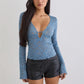 Women's Elegant Lace Long Sleeve Tops Shirt Solid Color Deep V Neck Slim Fit Blouse Tee Y2K Floral Sheer Mesh Shirts