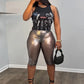Sexy Fashion 2 Piece Set Woman Summer Trend o-Neck Shape Waist Tank Tops+Reflection Design Shorts Street Style Suits