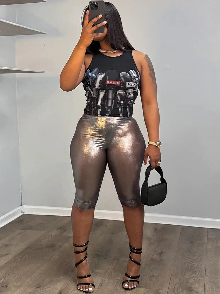 Sexy Fashion 2 Piece Set Woman Summer Trend o-Neck Shape Waist Tank Tops+Reflection Design Shorts Street Style Suits