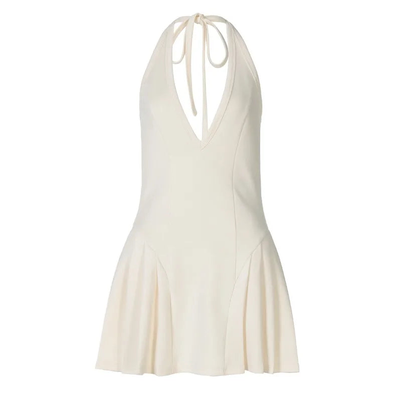 Deep V Neck Backless Pleated Mini Dress Sexy Summer Fit and Flared Dresses Woman Clothing