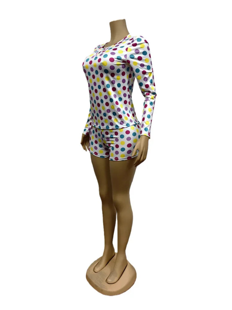 Colorful Polka Dot Print 2-Piece Set Women o-Neck Button Full Sleeve t-Shirt Fashion Suit +Elastic Waist Simple Short