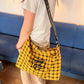 Retro Plaid Crossbody Bag with Heart Letter Embroidery, Large Capacity Tote for Women, Preppy School Messenger Bag