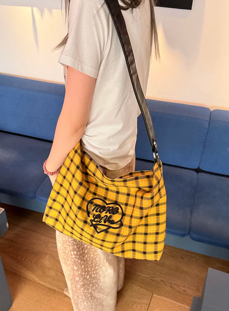 Retro Plaid Crossbody Bag with Heart Letter Embroidery, Large Capacity Tote for Women, Preppy School Messenger Bag