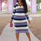 Stripe Patchwork Knit Dress Women Skinny Long Sleeve Lapel V-Neck Sexy Stretchy Skinny Peach Hip Commute Mid Bodycon