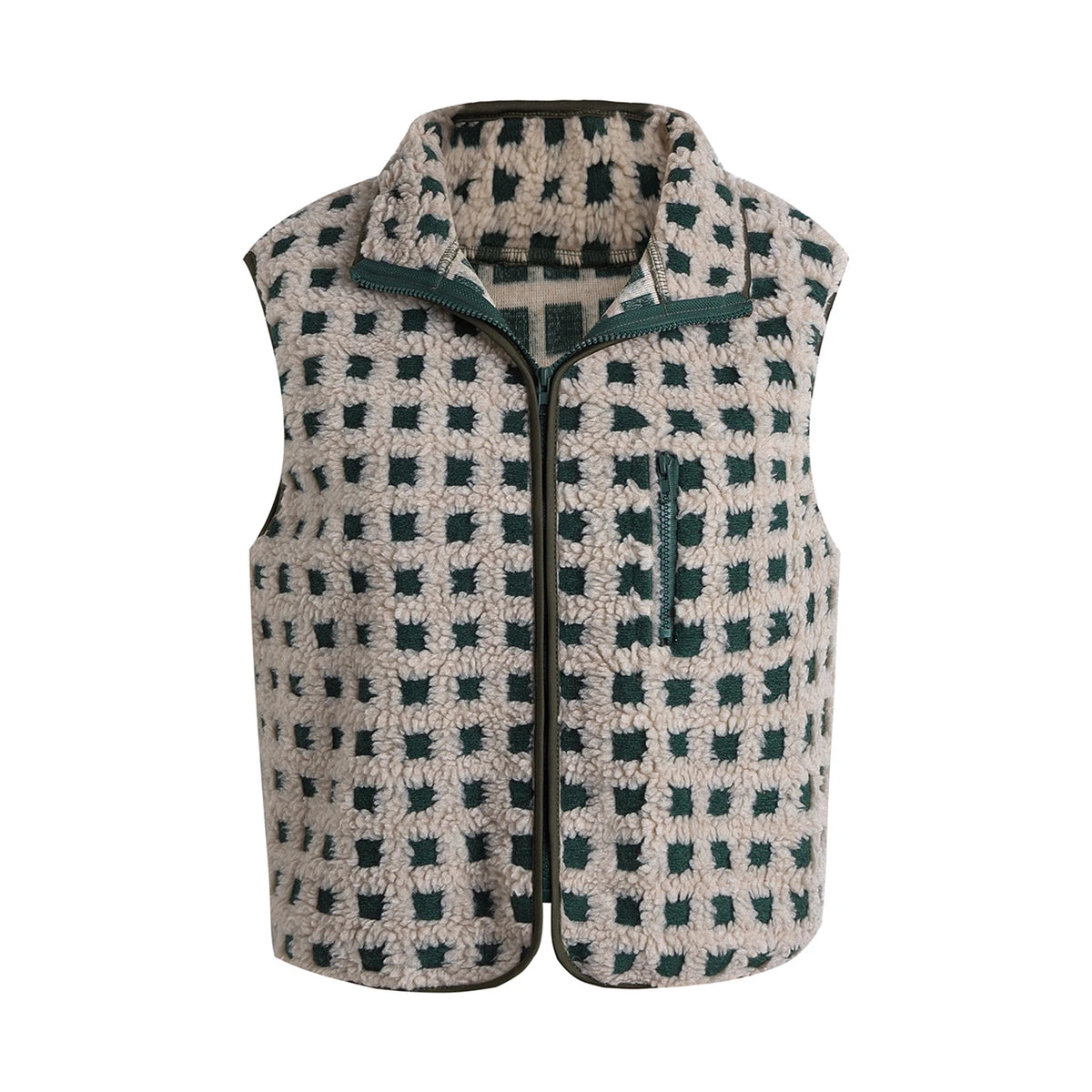 Womens Sherpa Fleece Vest Checkered Sleeveless Zip Up Warm Cardigan Polar Fleece Vest Jacket with Chest Pocket
