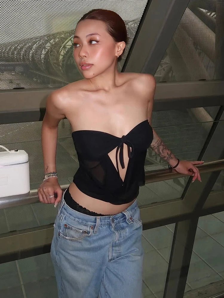 Sexy Tank Tops Women Bandage Hollow Patchwork Low-Neck Folds Solid Midnight Hottie Summer Trend Music Festival Streetwear