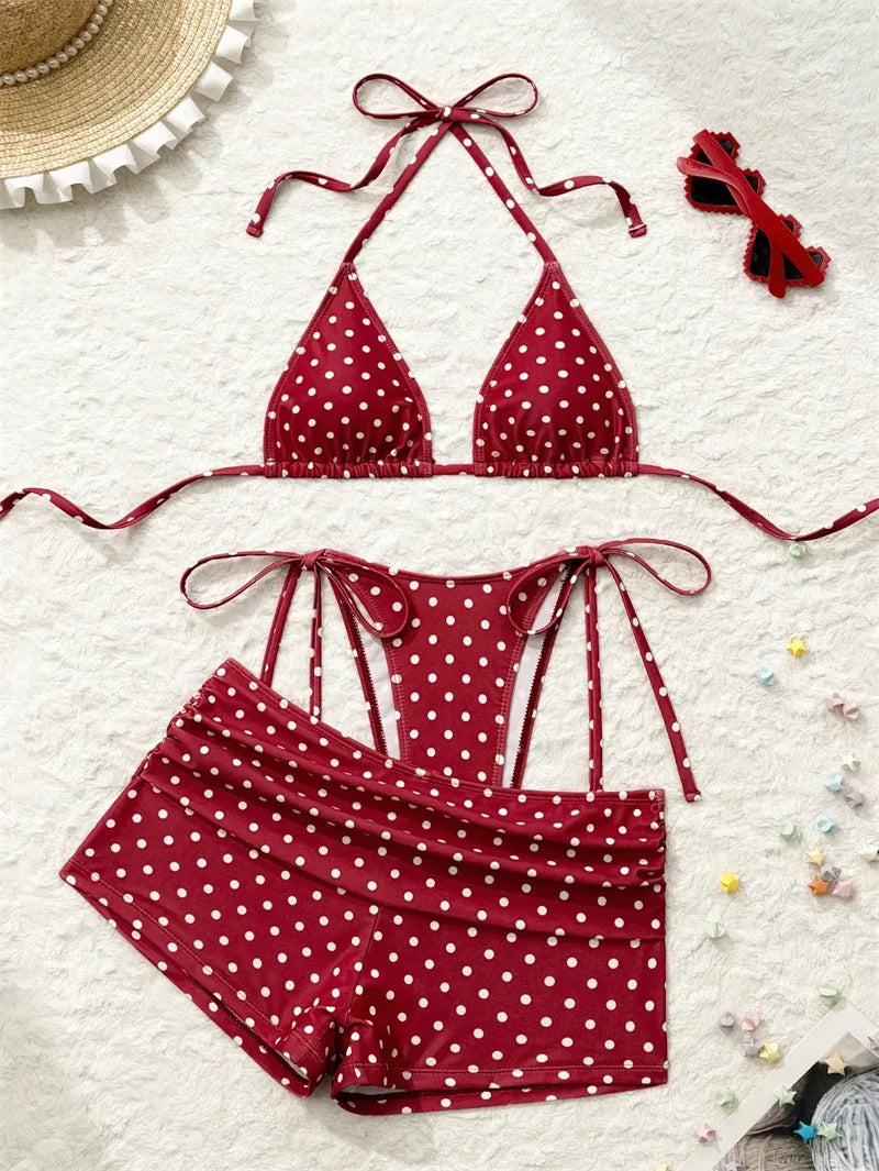 Women Polka Dot 3Piece Bikini Set Halter Triangle Top Boyshort Bottom With Cutout Cover Up Summer Beachwear Bathing Suit