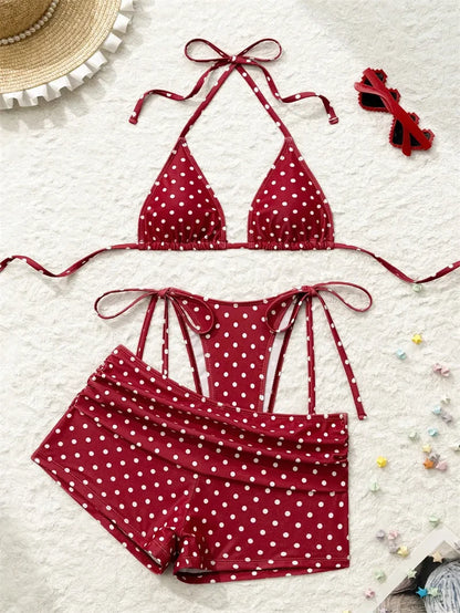 Women Polka Dot 3Piece Bikini Set Halter Triangle Top Boyshort Bottom With Cutout Cover Up Summer Beachwear Bathing Suit