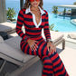 Striped 2-Piece Set Women Lapel Single-Breasted Full Sleeve Crop Top+Elastic Waist Slightly Flared Pant Sporty Suit