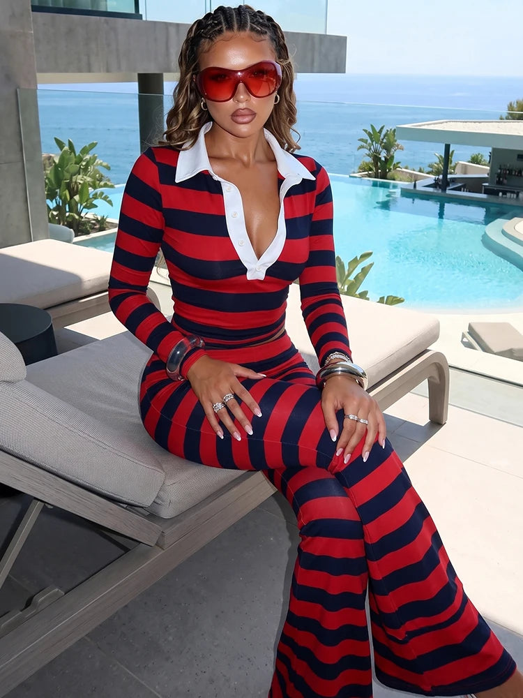 Striped 2-Piece Set Women Lapel Single-Breasted Full Sleeve Crop Top+Elastic Waist Slightly Flared Pant Sporty Suit