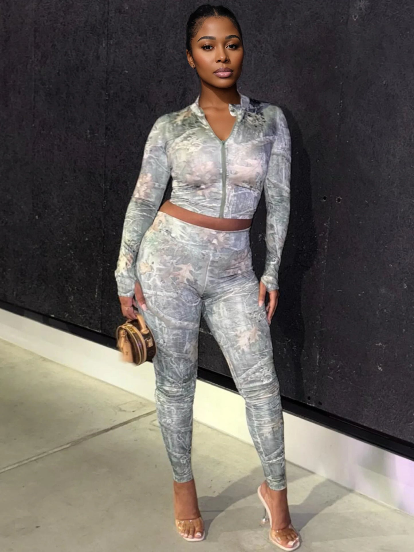 Twig Print Women Tracksuit Two Piece Set Tight Stretch Full Sleeve Crop Jacket+Leggings Matching Streetwear Outfits