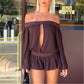 Women's Off Shoulder Chiffon Romper Long Sleeve Keyhole Lace Trim Ruffle Hem Jumpsuit Casual Summer Playsuit Streetwear