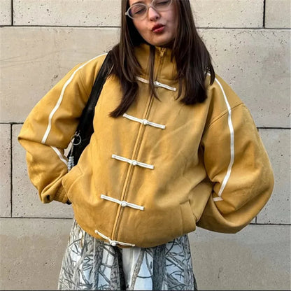 Ladies Stand Collar Zip Up Outerwear Chinese Frog Buttons Side Striped Oversized Loose Suede Jacket Vintage Streetwear