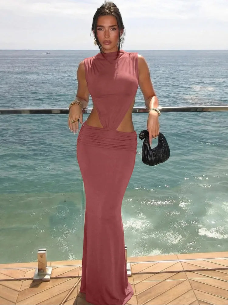 Cutout Backless Sexy Maxi Dress Women Elegant High Neck Sleeveless Ruched Bodycon Club Party Beach Long Dress Female
