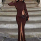 Turtleneck Long Sleeve Sexy Maxi Dress For Women Fashion Solid Hollow Out Thigh High Split Bodycon Elegant Club Dress