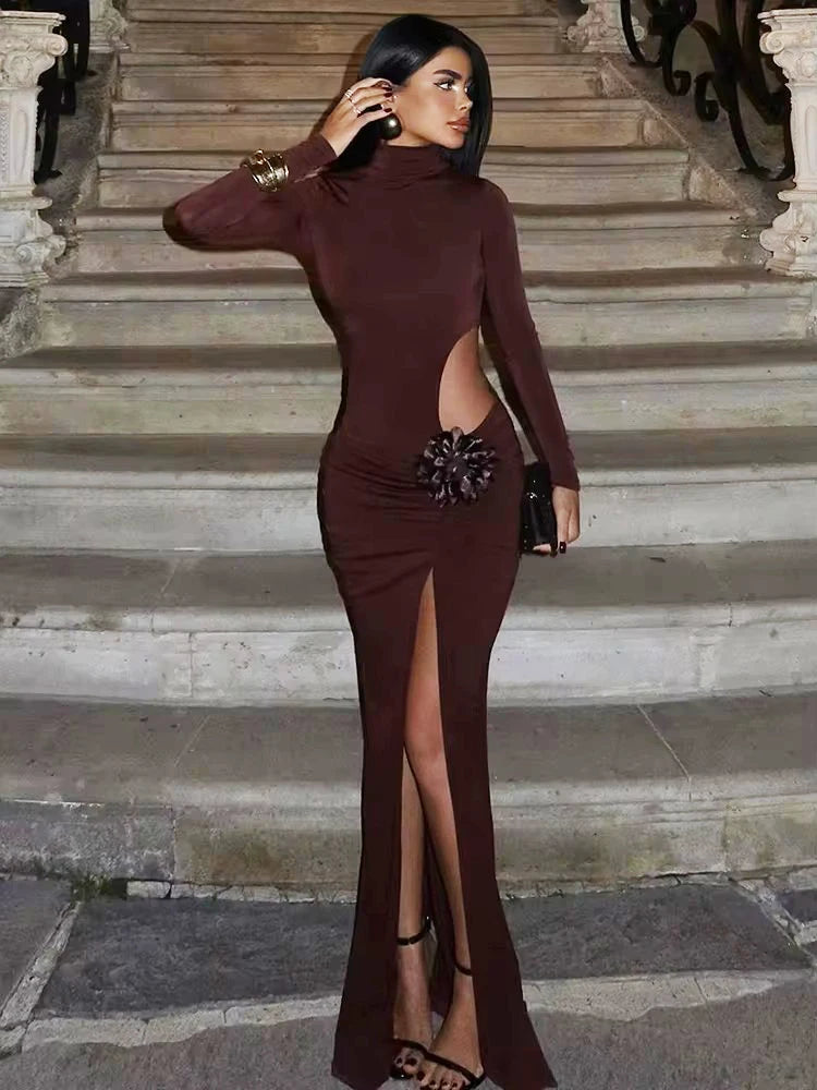 Turtleneck Long Sleeve Sexy Maxi Dress For Women Fashion Solid Hollow Out Thigh High Split Bodycon Elegant Club Dress