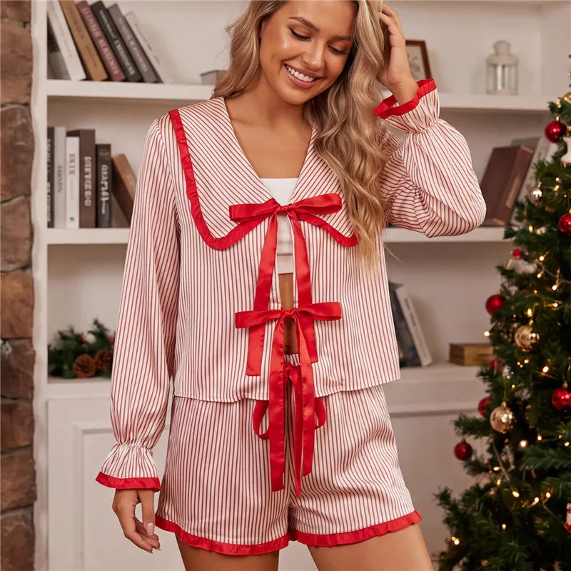 Women Satin Christmas Pajama Set Peter Pan Collar Front Tie Long Sleeve Ruffle Top Shorts Two Piece Xmas Loungewear