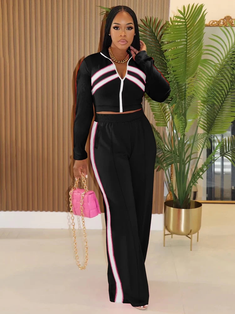 Contrast Patchwork 2 Piece Set Women Tracksuit Full Sleeve Zip Crop Jacket+Straight Pants Elastic Casual Streetwear
