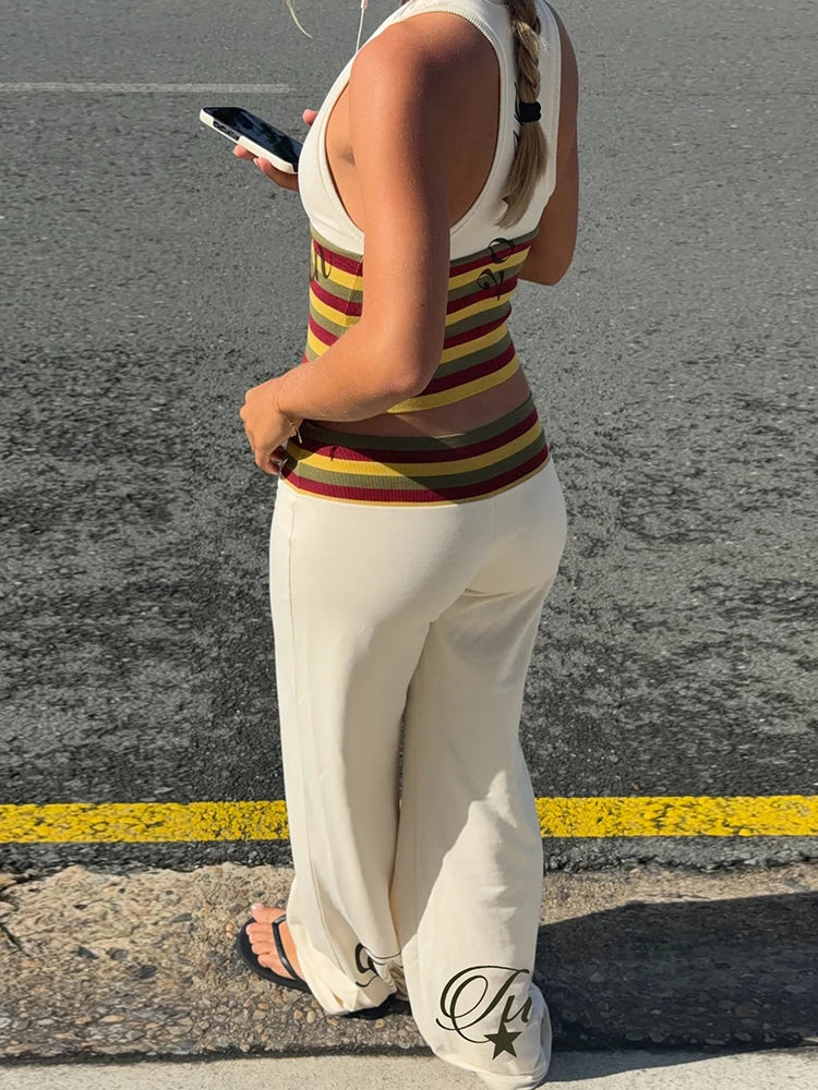 Letter Print 2 Piece Set Woman Colorful Striped Halter Low-Neck Backless Tank Tops+Flare Pants Casual Fashion Suits