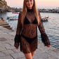 Coastal Beach Sheer Lace Cover Up Mini Dress High Neck Flare Sleeve Bikini Wrap Vacation Resort Swim Outerwear