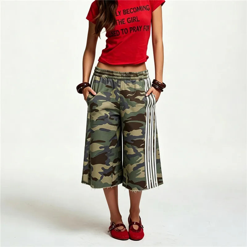Women Side Striped Wide Leg Capri Pants Elastic Waist Raw Hem Loose Baggy Cropped Sweatpants Casual Jogger Trousers