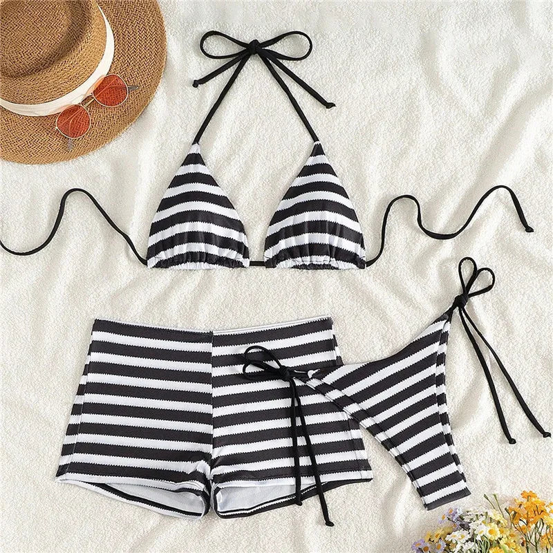 Women Striped 3 Piece Bikini Set Halter Triangle Top Side Tie Bikini Bottom With Cover Up Shorts Swimsuit Summer Beach