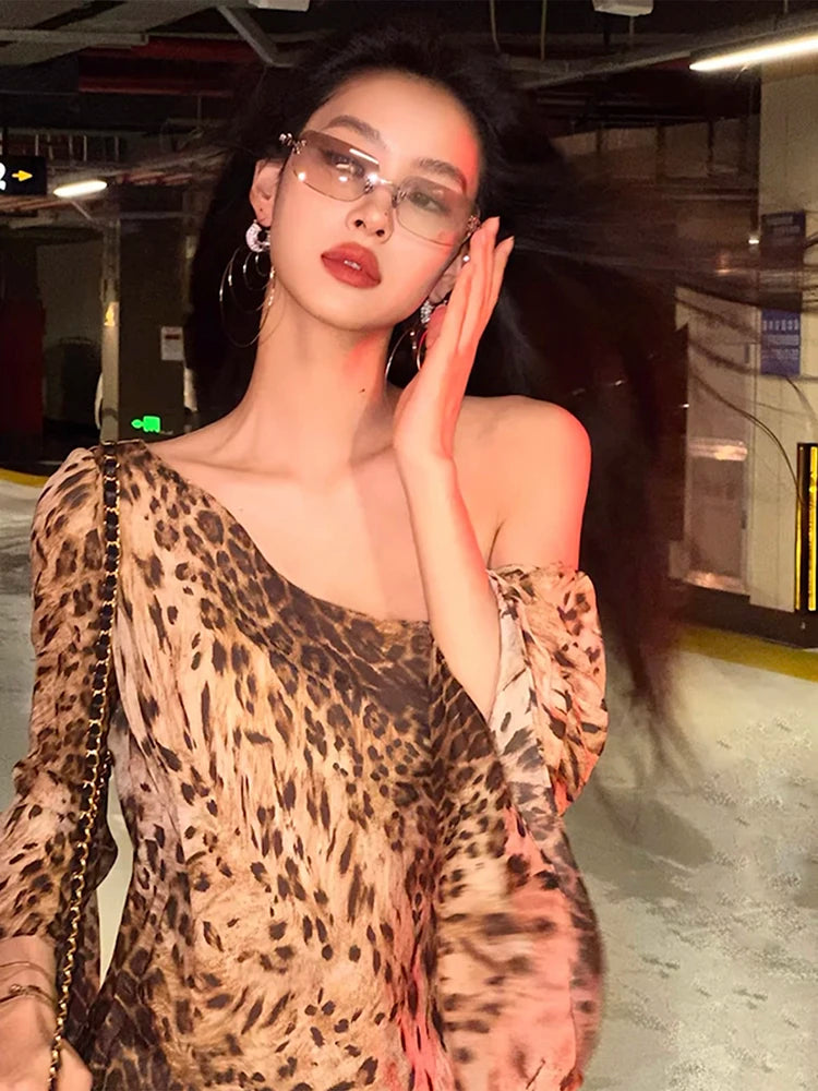 Leopard Print Women Dress Y2K Skew Collar Sexy Irregular Flare Sleeve Midnight Coquette Clubwear Skinny Thin Bodycon