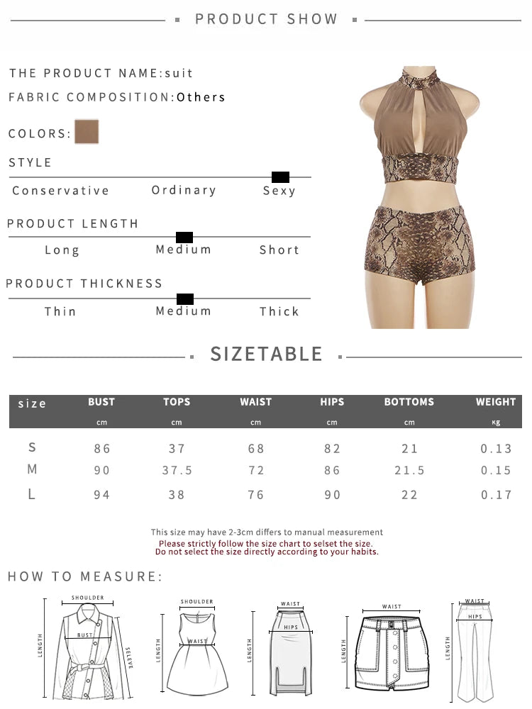 Snake Pattern Print 2 Piece Set Woman Halter Backless Crop Tops+Skinny Peach Hip Shorts Hot Girls Sexy Fashion Suits
