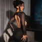See Through Mesh Splicing Sexy Black Dress Hollow Backless Long Sleeve Maxi Dresses Clubwear Woman
