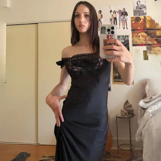 Satin Lace Black Elegant Dresses Party Flying Sleeves Backless Long Fishtail Dress 2026 Woman Clothes