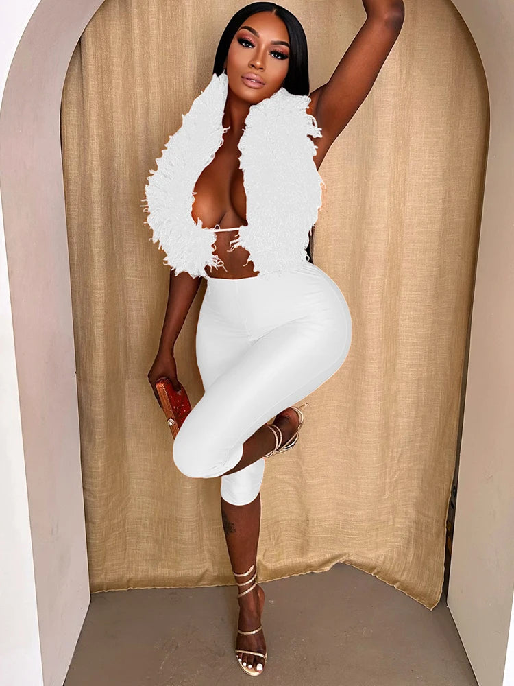 Sexy Furry 2 Piece Set Women Y2K Lace Up Halter Backless Tank Tops +Tight Shorts Matching Casual Activity Streetwear