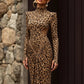 Leopard Print Maxi Dress Women Backless Full Sleeve Turtleneck Peach Butt Folds Skinny Fashion Elegant Banquet Vestidos