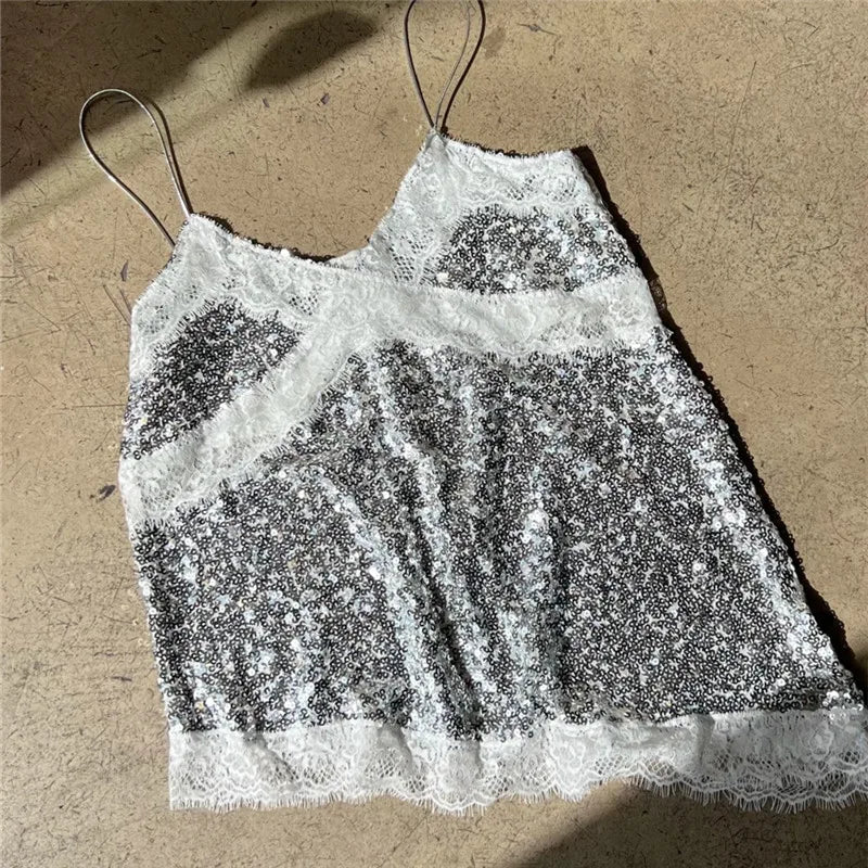 Women Lace Patchwork V-neck Women Camisole Backless Suspender Strap Tank Top Sequins Sleeveless Vest Y2K Streetwear