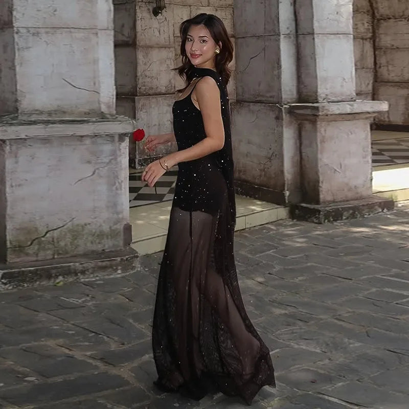 Glitter Sequin Mesh Black Long Party Dress Woman Elegant Sexy Sleeveless Maxi Dresses with Scarf