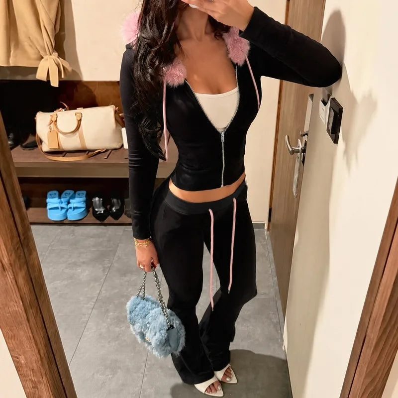 Black Two Piece Set Woman Fall Outfit Y2k Clothes 2000s Tracksuit Fluffy Faux-fur Hoodie and Flared Pants
