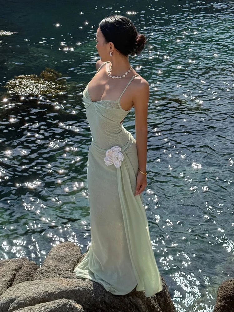 Sexy Appliques Dress Women Sleeveless Backless Patchwork Ruched Low Neck Beach Vacation Party Elegant Mesh Bodycon