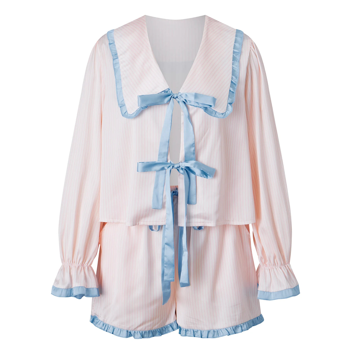 Women Satin Christmas Pajama Set Peter Pan Collar Front Tie Long Sleeve Ruffle Top Shorts Two Piece Xmas Loungewear