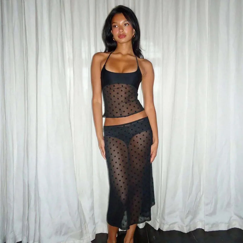Women's Matching Sets Sexy See Through Mesh Polka Dot Black Outfits 2 Piece Skirt Set Summer 2026