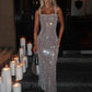 Sequins Backless Sexy Maxi Dress For Women Gown Fashion Sparkle Square Collar Sleeveless Bodycon Club Long Dress