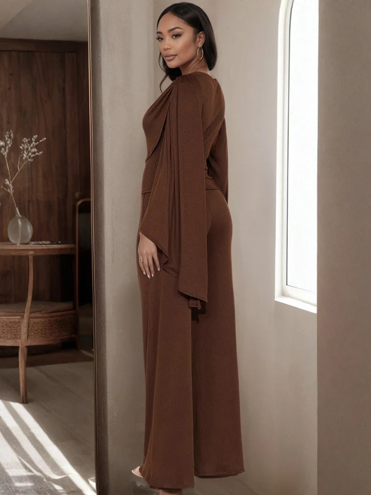 Casual Ribbon 2-Piece Set Women Cape Sleeve Skinny Top+Straight Trousers Matching Simple Elegant Stretch Slim Outfits