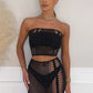 Sexy Summer Women 2 Piece Set Pearl Hollow See Through Midnight Coquette Strapless Tops+Skirts Matching Clubwear