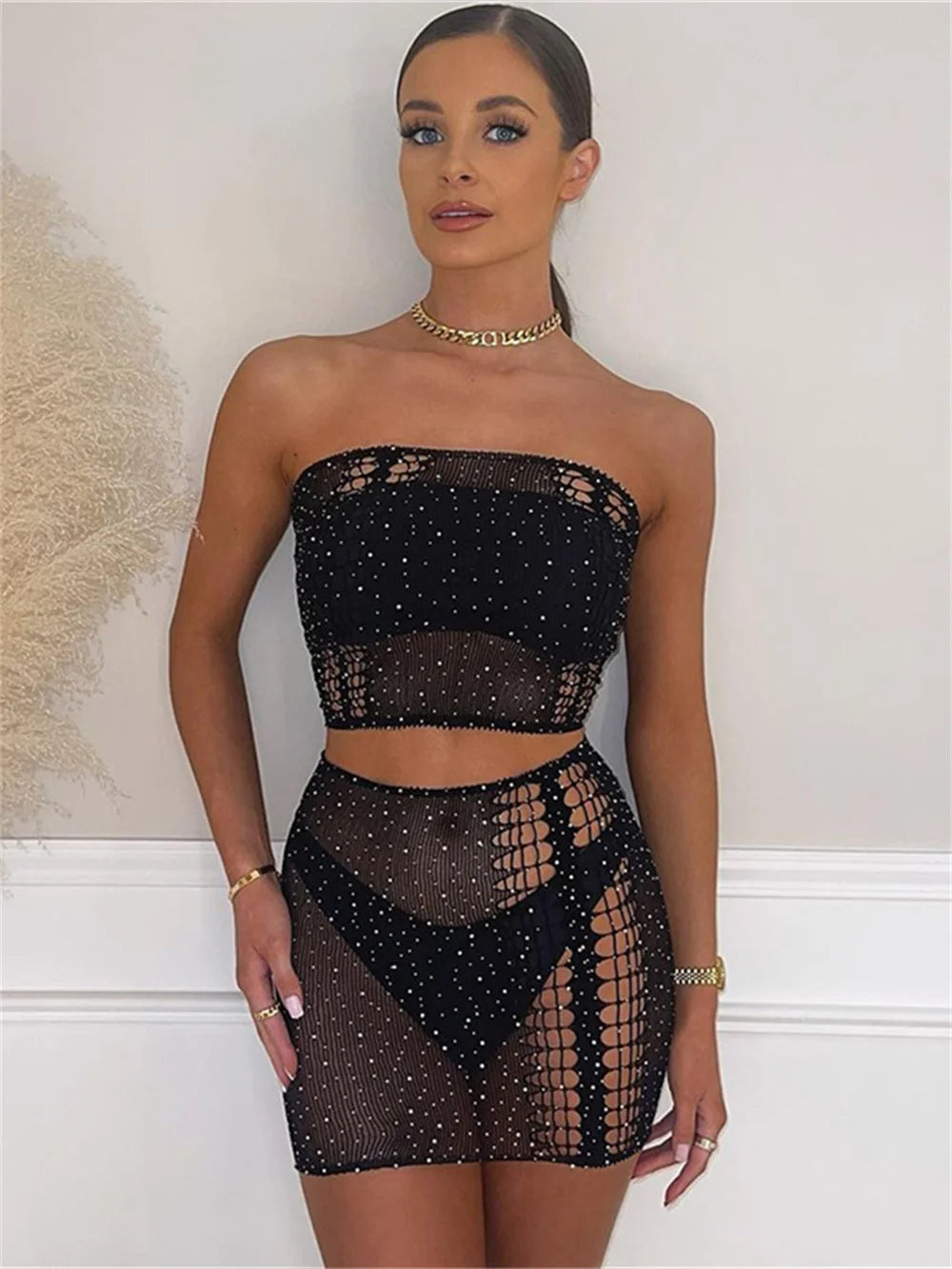 Sexy Summer Women 2 Piece Set Pearl Hollow See Through Midnight Coquette Strapless Tops+Skirts Matching Clubwear