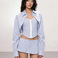 Striped Print Single-Breasted 3-Piece Set Women Lapel Full Sleeve Crops Tops+Lace Tank Tops+Folds Skirt Sweet Suits