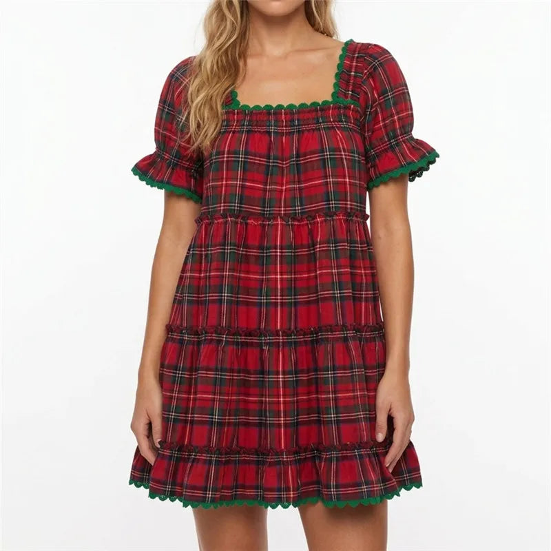 Christmas Plaid Tiered Dress Women Square Neck Puff Sleeve Lace Trim Ruffle Hem A Line Loose Fit Mini Swing Short Dress