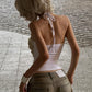 Patchwork Folds Camisole Women Halter Bandage Backless Low-Neck Folds Sexy Hottie Midnight Hip-Hop Style Streetwear