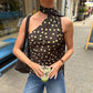 Women's Halter Neck Tops Off Shoulder Sleeveless Polka Dots Print Slim Fit Ruched Tank Tops Summer Party Club Shirts